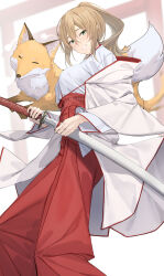 Rule 34 | 1girl, absurdres, blush, breasts, closed mouth, commentary request, fox, green hair, grin, hakama, hakama skirt, highres, holding, holding sword, holding weapon, japanese clothes, kimono, large breasts, light brown hair, long hair, miko, original, pallad, ponytail, red skirt, sidelocks, skirt, smile, solo, sword, weapon, white kimono