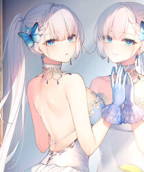 Rule 34 | 1girl, back, bare shoulders, blue eyes, breasts, butterfly hair ornament, dress, earrings, gloves, hair ornament, jewelry, large breasts, long hair, looking at viewer, looking back, mirror, necklace, official art, ponytail, riselia ray crystalia, seiken gakuin no maken tsukai, toosaka asagi, white dress, white gloves, white hair