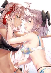 Rule 34 | 2girls, bad id, bad pixiv id, bare arms, bare shoulders, black bow, black bra, black panties, blush, bow, bow bra, bra, breasts, closed mouth, commentary request, eye contact, fate/grand order, fate (series), fingernails, floral print, grey eyes, hair between eyes, hair bow, hair ornament, hakuda tofu, half updo, hand in own hair, hand on another&#039;s shoulder, highres, koha-ace, large breasts, long hair, looking at another, multiple girls, navel, okita souji (fate), okita souji (koha-ace), okita souji alter (fate), outstretched arm, panties, parted lips, print bra, profile, side-tie panties, silver hair, simple background, smile, tassel, translation request, underwear, underwear only, very long hair, white background, white bra, white panties, yuri