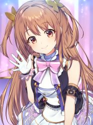 Rule 34 | 1girl, bare shoulders, black vest, blurry, blurry background, blush, bow, brown eyes, brown hair, butterfly hair ornament, character request, closed mouth, commentary request, depth of field, dress, eighth note, gloves, hair ornament, hand up, highres, ken pyatsu, long hair, musical note, musical note print, nozomi (idol) (princess connect!), nozomi (princess connect!), open clothes, open vest, pink bow, princess connect!, sakurai nozomi (princess connect), smile, solo, striped, striped bow, treble clef, two side up, very long hair, vest, white dress, white gloves