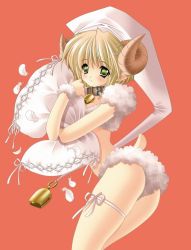 Rule 34 | 1girl, ass, bell, blush, collar, female focus, monster girl, pillow, sheep girl, simple background, smile, solo, standing, tail