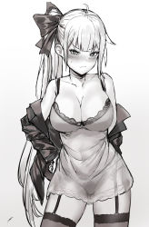 Rule 34 | 1girl, :t, ahoge, blush, breasts, cleavage, contrapposto, cowboy shot, fal (girls&#039; frontline), garter belt, garter straps, girls&#039; frontline, greyscale, hand on own hip, lace, lace-trimmed panties, lace trim, large breasts, long hair, looking at viewer, monochrome, off shoulder, panties, pooor, see-through, side ponytail, solo, thighhighs, thighs, underwear, white background