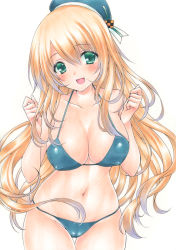 Rule 34 | 1girl, :d, atago (kancolle), bikini, blonde hair, blue bikini, blue hat, blush, breasts, green eyes, hat, kantai collection, long hair, looking at viewer, marker (medium), medium breasts, millipen (medium), navel, open mouth, ren (endscape20), simple background, smile, solo, stomach, swimsuit, traditional media, white background