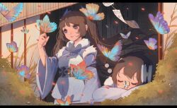 Rule 34 | 2girls, blue bow, blue butterfly, bow, brown hair, bug, bush, butterfly, butterfly on face, butterfly on hand, chinese clothes, closed eyes, falling petals, floating hair, fur-trimmed shirt, fur trim, hair bow, hand up, head rest, highres, insect, long hair, looking at another, moonlight blade, multiple girls, parted lips, petals, purple butterfly, purple shirt, shirt, sleeping, teeth, twintails, upper body, very long hair, white bow, wide sleeves, wind chime, window, yi er san