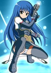 Rule 34 | 1girl, blue hair, boots, fingerless gloves, gloves, green eyes, gun, long hair, maria traydor, panties, pantyshot, ritsuo (ti4auc), solo, spread legs, square enix, squatting, star ocean, star ocean till the end of time, striped clothes, striped panties, thighhighs, underwear, upskirt, weapon