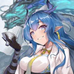 Rule 34 | 1girl, animal, arknights, black gloves, blue eyes, blue hair, blurry, blurry background, braid, breasts, chinese commentary, commentary request, depth of field, dragon, elbow gloves, gloves, hair between eyes, hand up, highres, holding, horns, jacket, ling (arknights), long hair, looking at viewer, medium breasts, neckerchief, open clothes, open jacket, parted lips, pointy ears, shirt, sktre12, smile, solo, upper body, white jacket, white shirt, yellow neckerchief