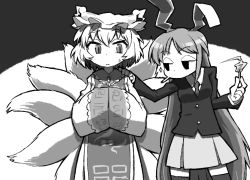 Rule 34 | 2girls, :&lt;, animal ears, cigarette, female focus, fire, fire, fox tail, greyscale, hand on shoulder, hands in opposite sleeves, hat, long hair, matches, monochrome, multiple girls, multiple tails, necktie, no mouth, own hands together, rabbit ears, reisen udongein inaba, short hair, skirt, slit pupils, smoking, sparkle, surcoat, sweat, tail, thighhighs, touhou, ume (noraneko), very long hair, yakumo ran