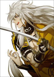 Rule 34 | 10s, 1boy, animal ears, bishounen, fox ears, from side, gloves, gold trim, hair flaps, japanese clothes, katana, kogitsunemaru, licking lips, long hair, male focus, partially fingerless gloves, red eyes, solo, sword, tekla, tongue, tongue out, touken ranbu, weapon
