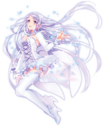 Rule 34 | 1girl, bracelet, breasts, cleavage, cross-laced clothes, detached sleeves, dress, floating hair, frills, full body, garter straps, grey eyes, high heels, highres, jewelry, long hair, looking at viewer, medium breasts, murakami yuichi, official art, original, silver hair, solo, thighhighs, very long hair, white background, white dress, white theme, white thighhighs