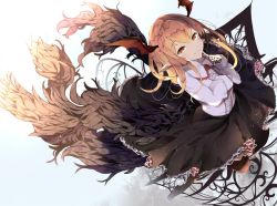 Rule 34 | 1girl, bat wings, black skirt, black wings, blonde hair, brown pantyhose, closed mouth, collared shirt, commentary request, fang, fang out, feathered wings, frilled shirt collar, frills, granblue fantasy, hair between eyes, hand up, head wings, kyuu (plastic night q), long hair, long sleeves, no shoes, pantyhose, pointy ears, red wings, shirt, skirt, sleeves past wrists, smile, solo, vampy, white shirt, wings