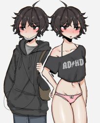 Rule 34 | 1girl, ahoge, black eyes, black hair, black hoodie, black shirt, blush, brown bag, closed mouth, collarbone, crop top, earbuds, earphones, frilled panties, frills, grey shirt, hand on own hip, highres, hood, hoodie, mask, mask around neck, messy hair, mouth mask, navel, open mouth, original, outline, panties, pink panties, print shirt, reverse trap, shirt, short hair, sidelocks, simple background, snale, solo, surgical mask, sweatdrop, thighs, triangle mouth, underwear, variations, white background, white outline