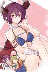 2girls anne_(shingeki_no_bahamut) bandaged_arm bandages bikini blonde_hair blue_bikini bracelet breasts brown_wings cleavage closed_eyes dragon_girl dragon_horns dragon_wings flower_wreath granblue_fantasy grea_(shingeki_no_bahamut) green_bikini hair_between_eyes highres hime_cut horns jewelry long_hair looking_at_viewer medium_breasts multiple_girls official_alternate_costume open_mouth plaid_bikini plaid_clothes pointy_ears purple_hair red_eyes short_hair swimsuit swimsuit_skirt wings yoizaki_(t4_ginnungagapu)