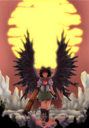Rule 34 | 1girl, arm cannon, asymmetrical footwear, black footwear, black gloves, black hair, black socks, black wings, bow, brown cape, buttons, cape, center frills, closed mouth, commentary request, control rod, fingerless gloves, frilled skirt, frills, frown, full body, gloves, glowing, glowing eyes, green bow, green skirt, hair bow, highres, long hair, looking at viewer, matty (zuwzi), medium bangs, metal wings, mismatched footwear, puffy short sleeves, puffy sleeves, red eyes, reiuji utsuho, shirt, shoes, short sleeves, single shoe, skirt, socks, solo, sun, third eye, torn bow, torn cape, torn clothes, touhou, walking, weapon, white shirt, wings