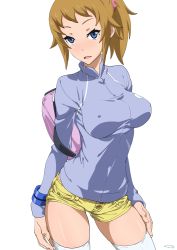 Rule 34 | 10s, 1girl, blonde hair, blue eyes, bracelet, breasts, covered erect nipples, gundam, gundam build fighters, gundam build fighters try, hoshino fumina, jacket, jewelry, large breasts, long sleeves, looking at viewer, open mouth, scrunchie, short hair, short shorts, shorts, signature, solo, standing, suna (sandworks), track jacket, white background, white legwear