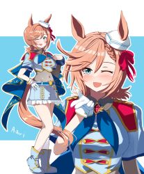 Rule 34 | 1girl, a.nori, absurdres, animal ears, artist name, asymmetrical sleeves, belt, blowing kiss, blue background, blue belt, blue eyes, blue neckerchief, blush, boots, bow, braid, breasts, brooch, brown hair, collared shirt, commentary request, covered navel, ear bow, ears through headwear, full body, gem, gloves, grey skirt, hair between eyes, hand on own hip, highres, jewelry, long sleeves, looking at viewer, medium breasts, multiple views, neckerchief, one eye closed, open mouth, petticoat, red bow, shirt, short hair, short ponytail, short sleeves, simple background, single braid, single glove, single wrist cuff, skirt, smile, solo, tail, two-tone background, umamusume, venus paques (umamusume), white background, white footwear, white headwear, wrist cuffs