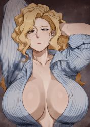 Rule 34 | 1girl, absurdres, akinaiyo, arms behind head, arms up, blonde hair, blue shirt, breasts, brown eyes, collared shirt, eyeliner, golden boy, hands in hair, highres, huge breasts, long hair, looking at viewer, makeup, mature female, no bra, onna shachou, pinstripe pattern, pinstripe shirt, shirt, sleeves pushed up, solo, steaming body, striped, sweat, sweaty clothes, unbuttoned, unbuttoned shirt