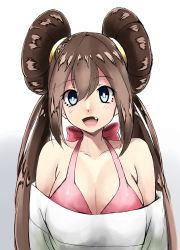 Rule 34 | 10s, 1girl, bad id, bad pixiv id, bare shoulders, blue eyes, breasts, brown hair, cleavage, creatures (company), double bun, fang, female focus, game freak, gradient background, hair bun, large breasts, long hair, nintendo, no headwear, off-shoulder, off-shoulder sweater, off shoulder, open mouth, pokemon, pokemon bw2, rosa (pokemon), smile, solo, sweater, swimsuit, swimsuit under clothes, torriet