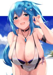 Rule 34 | 1girl, adjusting hair, arm strap, bare shoulders, bent over, between breasts, blue eyes, blue flower, blue hair, blush, breasts, choker, cleavage, flower, hair flower, hair ornament, hanging breasts, highres, horosuke, jewelry, large breasts, leaning forward, looking at viewer, necklace, open mouth, original, ponytail, solo, swimsuit, thick thighs, thighs