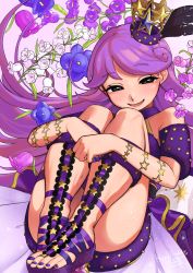 Rule 34 | 1girl, :d, absurdres, bare shoulders, blue eyes, crown, flower, highres, kiratto pri chan, knees to chest, long hair, looking at viewer, lying, nail polish, on back, open mouth, pretty series, purple hair, purple nails, sandals, shido mel, smile, solo, toes, ushikousen, very long hair