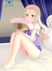 Rule 34 | 1girl, absurdres, babydoll, bad id, bad pixiv id, barefoot, bc freedom (emblem), bedroom, blonde hair, blush, closed mouth, commentary, drill hair, emblem, folding fan, girls und panzer, green eyes, hand fan, highres, holding, holding fan, indoors, junk doppel, legs, lingerie, long hair, looking at viewer, marie (girls und panzer), on bed, panties, purple babydoll, purple panties, side-tie panties, sitting, smile, solo, strap slip, underwear, underwear only