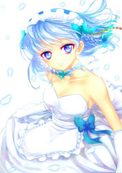 Rule 34 | 1girl, alternate costume, apron, bad id, bad pixiv id, bare shoulders, blue eyes, blue hair, bow, braid, breasts, bride, choker, collarbone, dress, elbow gloves, gloves, hair bow, head tilt, highres, honchu, izayoi sakuya, light smile, looking at viewer, maid headdress, matching hair/eyes, ribbon choker, short hair, simple background, skirt hold, solo, strapless, strapless dress, touhou, twin braids, waist apron, wedding dress, white background, wind