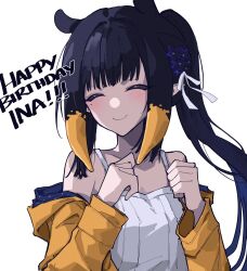 Rule 34 | 1girl, absurdres, black hair, blue coat, blunt bangs, blush, closed eyes, coat, commentary, dress, english commentary, english text, gradient hair, hair ribbon, happy birthday, highres, hololive, hololive english, long hair, long sleeves, mentally deficient, mole, mole under eye, multicolored coat, multicolored hair, ninomae ina&#039;nis, official alternate costume, official alternate hairstyle, orange hair, pointy ears, ponytail, raincoat, ribbon, sidelocks, simple background, smile, solo, spaghetti strap, sundress, tentacle hair, two-sided coat, two-sided fabric, two-tone coat, upper body, violet (ninomae ina&#039;nis), virtual youtuber, white background, white dress, white ribbon, yellow coat, yellow raincoat