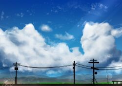 Rule 34 | absurdres, blue sky, chinese commentary, cloud, commentary request, highres, mountain, mountainous horizon, no humans, original, outdoors, rune xiao, scenery, sign, signature, sky, still life, utility pole
