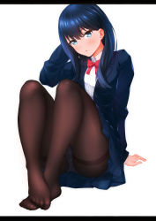 Rule 34 | 10s, 1girl, absurdres, arm behind back, arm up, b3b, black pantyhose, blazer, blue eyes, blue hair, blue jacket, blue skirt, blush, bow, bowtie, collared shirt, commentary request, feet, full body, gridman universe, gusset, hair between eyes, head tilt, highres, jacket, knees up, long hair, long sleeves, looking at viewer, miniskirt, no shoes, open clothes, open jacket, panties, panties under pantyhose, pantyhose, pantyshot, parted lips, pleated skirt, red bow, red bowtie, school uniform, shirt, simple background, sitting, skirt, smile, solo, ssss.gridman, takarada rikka, thighband pantyhose, underwear, upskirt, white background, white panties, white shirt, wing collar