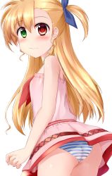 Rule 34 | 1girl, ass, blonde hair, blush, breasts, eyebrows, green eyes, hair ornament, hair ribbon, heterochromia, highres, long hair, looking back, lyrical nanoha, mahou shoujo lyrical nanoha strikers, mahou shoujo lyrical nanoha vivid, panties, pantyshot, red eyes, ribbon, shiny skin, simple background, skywalker0610, small breasts, solo, standing, striped clothes, striped panties, underwear, upskirt, vivio, wavy mouth, white background