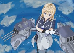 Rule 34 | 1girl, black gloves, black thighhighs, blonde hair, blue eyes, blue neckerchief, blue shirt, blue sky, breasts, cannon, cloud, crossed bangs, day, gloves, gradient neckerchief, grey neckerchief, hair between eyes, hair ornament, hairclip, kantai collection, large breasts, looking at viewer, makinoki, neckerchief, outdoors, overskirt, reflection, rigging, shirt, short sleeves, simple background, sky, solo, standing, standing on liquid, thighhighs, turret, tuscaloosa (kancolle), two-tone gloves, water, white gloves