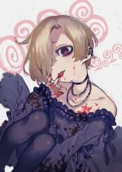 Rule 34 | 1girl, artist name, bare shoulders, black choker, black nails, blonde hair, blood, blood on clothes, blood on face, blood on hands, brown eyes, choker, collarbone, commentary, dated, dated commentary, dress, ear piercing, empty eyes, frilled dress, frills, hair over one eye, half-closed eyes, hand to own mouth, head tilt, highres, hugging own legs, idolmaster, idolmaster cinderella girls, kitaya, licking, licking finger, light smile, long bangs, long sleeves, looking at viewer, multiple necklaces, off-shoulder dress, off shoulder, one eye covered, pantyhose, piercing, purple dress, purple pantyhose, raised eyebrows, red pupils, shirasaka koume, short eyebrows, short hair, solo, tongue, tongue out, tongue piercing, white background, wide sleeves