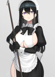 Rule 34 | 1girl, apron, black bow, black bowtie, black dress, black gloves, black hair, blush, bow, bowtie, breasts, clothing cutout, dress, earrings, gloves, grey background, hayabusa, highres, holding, jewelry, large breasts, long hair, long sleeves, looking at viewer, maid, maid headdress, mole, mole on breast, mole under eye, mole under mouth, original, puffy sleeves, purple eyes, side slit, sideboob, single earring, solo, underboob, underboob cutout, white apron, wrist cuffs