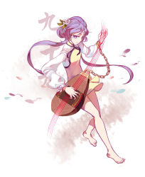 Rule 34 | 1girl, barefoot, biwa lute, full body, hair ornament, highres, instrument, long hair, long sleeves, looking at viewer, luckyia, lute (instrument), music, musical note, playing instrument, purple eyes, purple hair, simple background, smile, solo, touhou, tsukumo benben, twintails