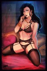 Rule 34 | 1girl, asami sato, avatar legends, bed, black hair, black thighhighs, bra, bracelet, breasts, cleavage, curtains, finger to mouth, garter belt, garter straps, highres, iahfy, jewelry, lace, lace-trimmed bra, lace-trimmed panties, lace trim, lipstick, makeup, necklace, panties, parted lips, pillow, smile, solo, spread legs, the legend of korra, thighhighs, underwear