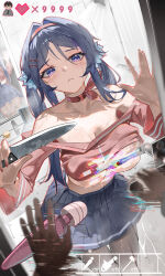 1girl 1other absurdres bare_shoulders black_pantyhose blue_eyes blue_hair blue_skirt censored chinese_commentary closed_mouth clothes_lift collarbone commentary_request cowboy_shot dildo fingernails gameplay_mechanics glitch glitch_censor hair_intakes hair_ornament hairband highres hitachi_magic_wand holding holding_knife holding_sex_toy huade_xiami knife long_hair looking_at_viewer miside mita_(miside) neck_ribbon pantyhose pink_shirt pleated_skirt pov purple_eyes red_hairband red_ribbon reflection ribbon sex_toy shirt shirt_lift shower_(place) skirt two-tone_eyes vibrator