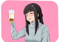Rule 34 | 1girl, :d, absurdres, alcohol, black hair, blunt bangs, blush, closed eyes, cup, glasses, highres, holding, holding cup, long hair, long sleeves, musashi m, open mouth, pink background, sidelocks, simple background, smile, solo, sweater, thick eyebrows, toba minami, turtleneck, turtleneck sweater, upper body, yurucamp