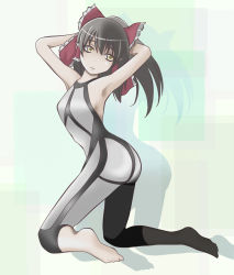 Rule 34 | 1girl, alternate costume, ao usagi, armpits, ass, asymmetrical clothes, bad anatomy, bad feet, bad id, bad pixiv id, barefoot, black hair, bodysuit, bow, competition swimsuit, diving suit, female focus, grey bodysuit, hair bow, hakurei reimu, kneeling, legs, one-piece swimsuit, poorly drawn, solo, speedo (company), speedo lzr racer, swimsuit, touhou, wetsuit