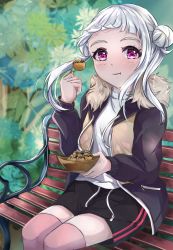 Rule 34 | 1girl, arashi chisato, artist name, artist request, black jacket, black shorts, blush, bowl, breasts, double bun, drawstring, eating, female focus, food, fur-trimmed jacket, fur trim, hair bun, highres, holding, holding bowl, holding food, hood, hooded jacket, jacket, long hair, long sleeves, looking at viewer, love live!, love live! school idol festival, love live! superstar!!, outdoors, parted lips, pink legwear, red eyes, shirt, short shorts, shorts, sitting, small breasts, smile, solo, takoyaki, twintails, valentine, white hair, white shirt