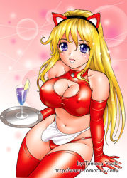 Rule 34 | 1girl, animal ears, blonde hair, breasts, cat ears, center opening, cleavage, cleavage cutout, clothing cutout, curvy, elbow gloves, covered erect nipples, fake animal ears, female focus, food, fruit, glass, gloves, hairband, halterneck, halterneck, keyhole top, large breasts, lemon, lemon slice, maid, open mouth, plate, purple eyes, skin tight, solo, thighhighs, yuuki tomoka