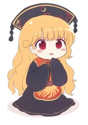 Rule 34 | 1girl, animal print, belt, bird print, black dress, black hat, blonde hair, blush, chinese clothes, crescent, crescent print, dress, full body, gyate gyate, hair between eyes, hands up, hat, highres, junko (touhou), long hair, long sleeves, looking to the side, mandarin collar, neck ribbon, open mouth, phoenix crown, phoenix print, pink eyes, pom pom (clothes), purple belt, red tabard, rei (tonbo0430), ribbon, shadow, simple background, smile, solo, standing, tabard, tassel, tongue, touhou, wavy hair, white background, wide sleeves, yellow ribbon