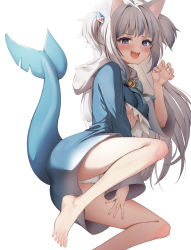 Rule 34 | 1girl, :d, animal ears, bare legs, barefoot, blue hair, blue hoodie, blush, breasts, cat ears, claw pose, feet, fins, fish tail, foot out of frame, gawr gura, grey hair, highres, hololive, hololive english, hood, hoodie, long hair, long sleeves, medium breasts, multicolored hair, open mouth, panties, pharamacom, purple eyes, shark tail, sharp teeth, simple background, smile, solo, streaked hair, tail, teeth, two side up, underboob, underwear, upper teeth only, very long hair, virtual youtuber, white background, white panties, wide sleeves
