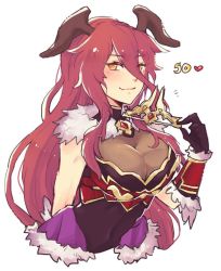Rule 34 | 1girl, artist name, bare shoulders, black gloves, blue background, blush, breasts, cleavage, closed mouth, detached sleeves, dragalia lost, dragalia lust, dragalialust, fang, fur trim, gloves, heart, large breasts, long hair, looking at viewer, mym (dragalia lost), orange eyes, red hair, simple background, smile, solo, upper body, very long hair, white background