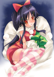 Rule 34 | 00s, black hair, christmas, dress, highres, long hair, lucky star, nyanmilla, ponytail, red eyes, sack, santa costume, solo, striped clothes, striped thighhighs, thighhighs, wakase izumi