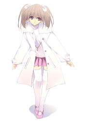Rule 34 | 1girl, arms at sides, brown eyes, brown hair, coat, full body, gem, hair ribbon, jacket, jewelry, kobayashi chisato, looking at viewer, mary janes, necklace, original, pendant, pink skirt, pleated skirt, ribbon, shoes, short hair, simple background, skirt, solo, standing, thighhighs, turtleneck, white background, white thighhighs