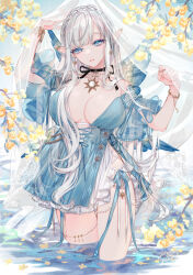 Rule 34 | 1girl, arms up, blue dress, blue eyes, blush, bracelet, braid, branch, breasts, choker, cleavage, commentary request, dress, earrings, floating, flower, french braid, jewelry, large breasts, light frown, long hair, necklace, original, partially submerged, petals, pointy ears, ring, see-through, solo, star (symbol), star choker, thighlet, veil, very long hair, wading, water, white hair, wings, yua (tick-tack)