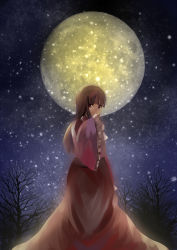 Rule 34 | 1girl, backlighting, bad id, bad pixiv id, bare tree, blunt bangs, brown hair, expressionless, fireflies, frilled sleeves, frills, full moon, hand to own mouth, hands in opposite sleeves, highres, houraisan kaguya, japanese clothes, kiichigofuwa, long hair, looking at viewer, looking back, moon, night, outdoors, red eyes, sky, solo, star (sky), starry sky, touhou, tree, wide sleeves