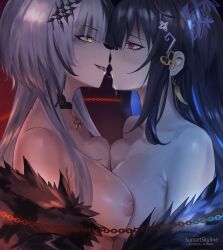 Rule 34 | 2girls, after kiss, armpit crease, artist name, black hair, blue hair, breast press, breasts, chain, fur trim, grey hair, hair ornament, hairclip, highres, holoadvent, hololive, hololive english, large breasts, long hair, looking at another, multicolored hair, multiple girls, nerissa ravencroft, nerissa ravencroft (1st costume), nipples, purple eyes, saliva, saliva trail, shiori novella, shiori novella (1st costume), sunset skyline, symmetrical docking, two-tone hair, virtual youtuber, yellow eyes, yuri