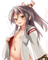 Rule 34 | 1girl, blush, brown eyes, collarbone, groin, hachimaki, hair between eyes, headband, high ponytail, japanese clothes, kantai collection, kimono, light brown hair, long hair, long sleeves, navel, open clothes, open kimono, open mouth, ray.s, simple background, solo, upper body, white background, white kimono, wide sleeves, zuihou (kancolle)