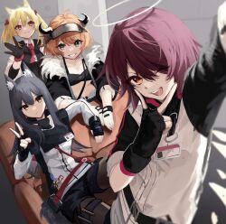 Rule 34 | 4girls, ahoge, animal ear fluff, animal ears, arknights, black gloves, black hair, black jacket, black pantyhose, black shorts, blonde hair, couch, cow girl, cow horns, croissant (arknights), detached wings, energy wings, exusiai (arknights), fingerless gloves, fur-trimmed jacket, fur trim, gloves, goma 74umai, green eyes, hair between eyes, hair over one eye, halo, highres, horns, jacket, long hair, long sleeves, looking at viewer, midriff, multiple girls, on couch, open clothes, open jacket, open mouth, orange hair, pantyhose, penguin logistics (arknights), red eyes, red hair, selfie, shirt, short hair, short shorts, shorts, sitting, smile, sora (arknights), tail, texas (arknights), twintails, v over mouth, visor cap, white gloves, white jacket, white shirt, wings, wolf ears, wolf girl, wolf tail