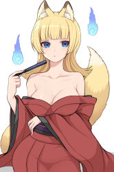 Rule 34 | 1girl, absurdres, animal ear fluff, animal ears, banned artist, bare shoulders, blue eyes, breasts, cleavage, collarbone, eyebrows hidden by hair, folded fan, folding fan, fox ears, fox girl, fox tail, hand fan, highres, hitodama, holding, holding fan, japanese clothes, kimono, long hair, long sleeves, looking at viewer, medium breasts, mole, mole on breast, obi, off shoulder, original, red kimono, sash, shimizu akina, simple background, solo, tail, tail raised, white background, wide sleeves